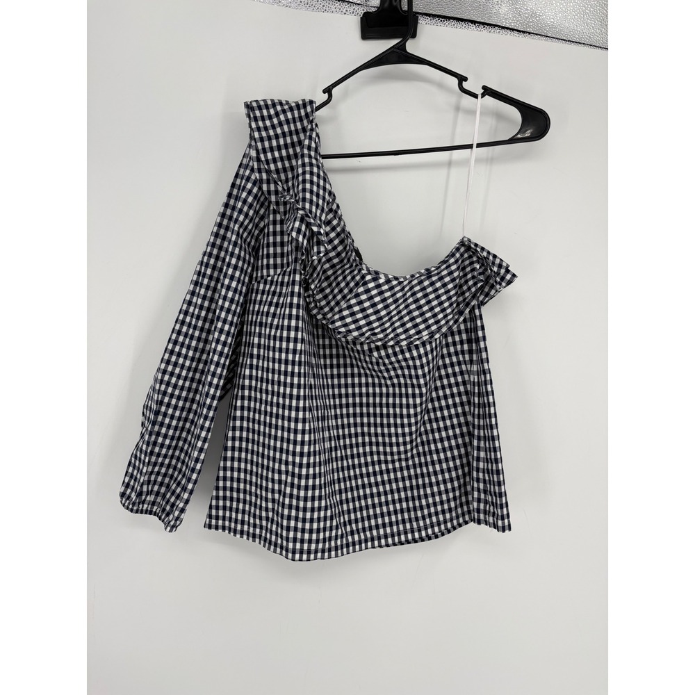 J. Crew Top Womens 14T Blue Gingham‎ One Shoulder Ruffle Asymmetric Cotton